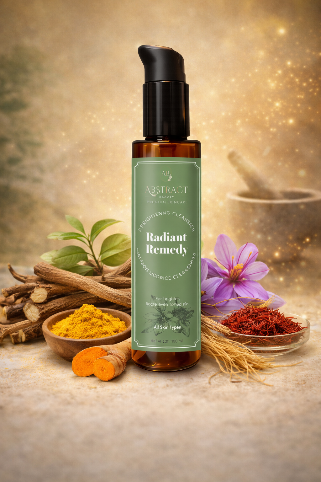 Bottle of 'Radiant Remedy' with natural ingredients on a rustic background