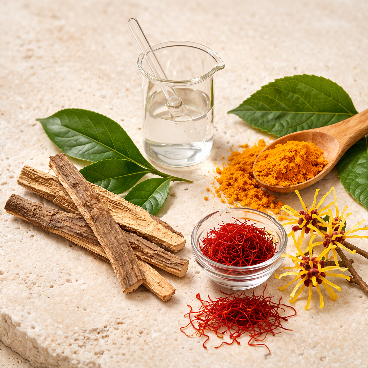 Spices and herbs including turmeric, saffron, and cinnamon on a stone surface.