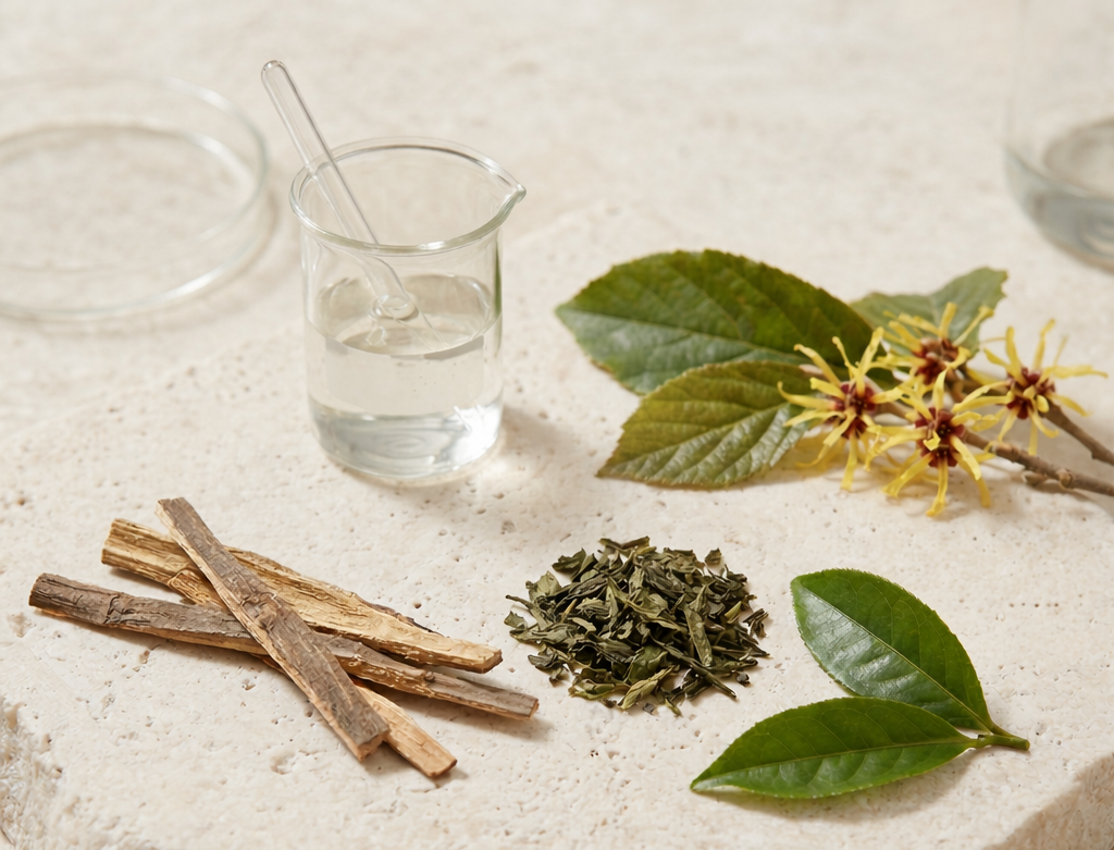 Herbal ingredients including sticks, leaves, and flowers on a stone surface with a glass of water.